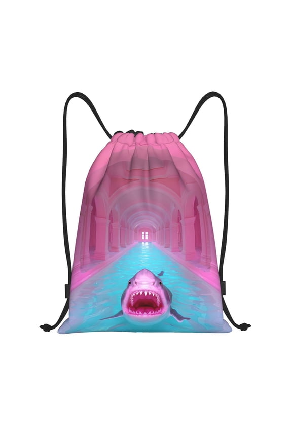 Pink Shark Pool Fantasy Print Drawstring Backpack Bag,Waterproof Draw String Back Sack, Gym Drawstring Bags Swim Bag For Unisex