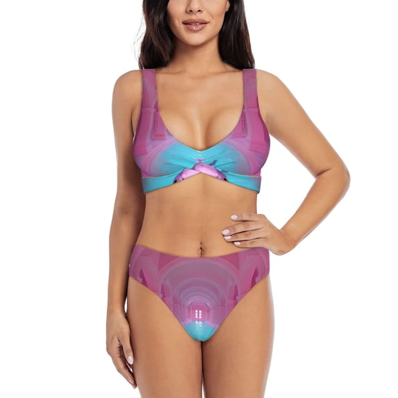 Kdxio Pink Shark Pool Fantasy Print Women's 2 Piece High Waisted Wrap Spaghetti Strap Summer Swimsuit Bikini Set-Large