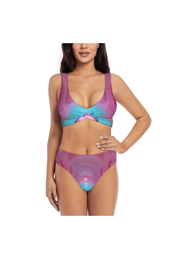 Pink Shark Pool Fantasy Print Women's 2 Piece High Waisted Wrap Spaghetti Strap Summer Swimsuit Bikini Set-XX-Large