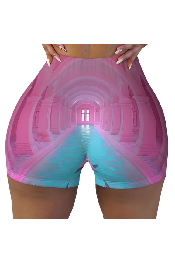 Pink Shark Pool Fantasy Print Workout Shorts for Women Seamless Soft Smooth Gym Yoga Scrunch Active Shorts