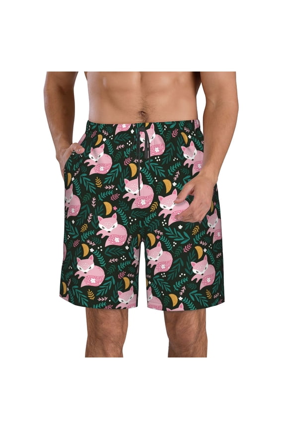 Pink Sleeping Fox Pattern Mens Casual Shorts - Drawstring Summer Beach Sports Shorts for Men