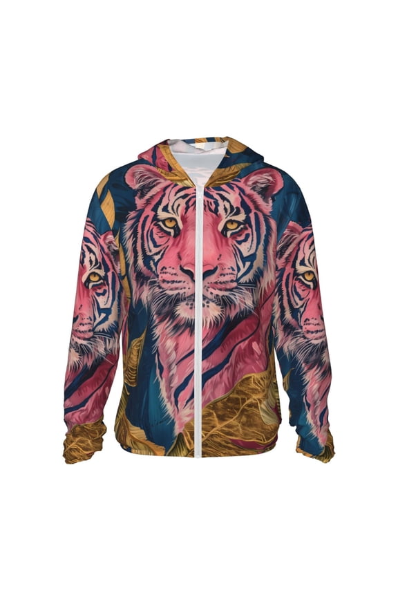 Pink Tiger Gold Leaves Print Women Men Sun Protection UPF 50+ Jackets Zip Up Long Sleeve Hoodie Hiking Lightweight with Pockets