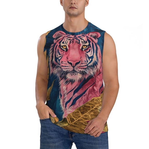 Kdxio Pink Tiger Gold Leaves for Men's Muscle T-shirt,Sleeveless for Workout Running Athletic Gym Lounge Casual