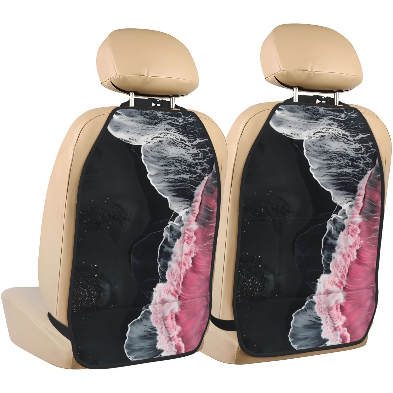 Kdxio Pink White Ocean Waves Print 2 Pack Car Kick Mat Seat Cover Back Protector Mat with Pockets for Organizer Backseat Protector and Storage Anti Kick Pad for Vehicles