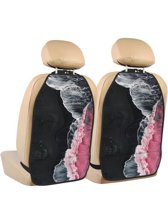 Pink White Ocean Waves Print 2 Pack Car Kick Mat Seat Cover Back Protector Mat with Pockets for Organizer Backseat Protector and Storage Anti Kick Pad for Vehicles