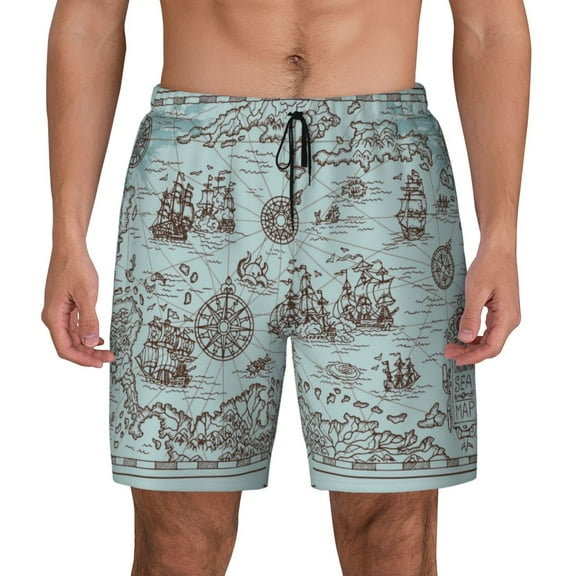 Kdxio Pirate Adventure Map Print Men'S Swim Trunks With Compression Liner 7 Inch Inseam Quick Dry Swim Shorts