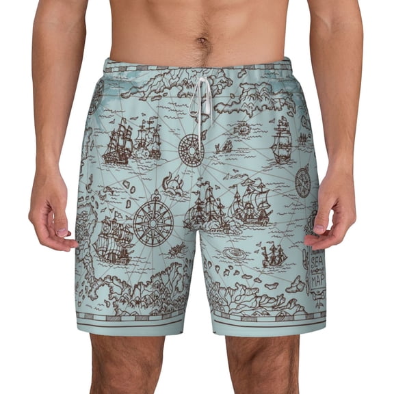 Kdxio Pirate Adventure Map Print Men'S Swim Trunks With Compression Liner 7 Inch Inseam Quick Dry Swim Shorts