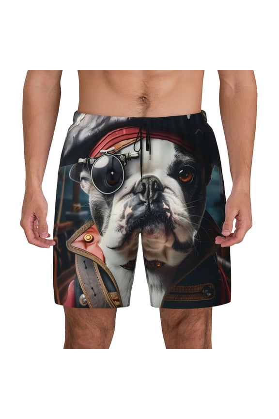 Pirate Bulldog On Deck Print Men's Swim Trunks with Compression Liner 7 Inch Inseam Quick Dry Swim Shorts