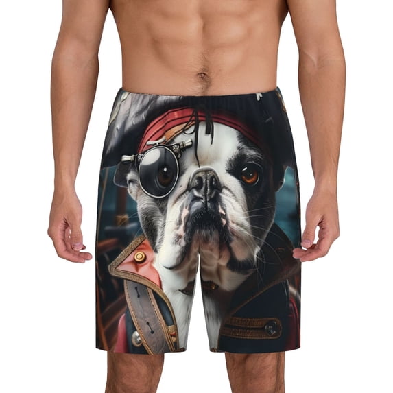 Kdxio Pirate Bulldog On Deck Print Mens Sleep Shorts Bottoms Soft Comfy Pajama Wear Pants with Drawstring Pockets