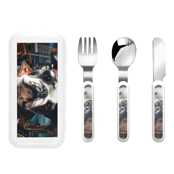 Kdxio Pirate Bulldog On Deck Toddler Utensils Set - Kids Silverware Set, Set Kids Utensils Set with Case for Preschooler Children