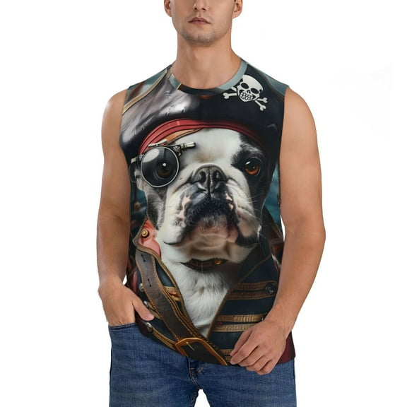Kdxio Pirate Bulldog On Deck for Men's Muscle T-shirt,Sleeveless for Workout Running Athletic Gym Lounge Casual