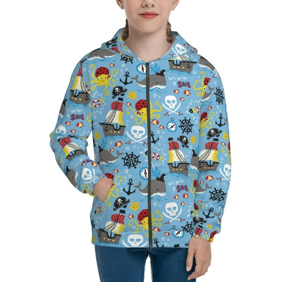 Kdxio Pirate Marine Animals Pattern Kids Boys Girls Zip Up Hoodie 3D Printed Hooded Sweatshirt Hoody Coat with Pocket 7-12 Y-Medium