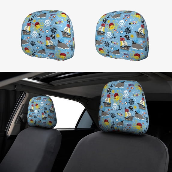 Kdxio Pirate Marine Animals Pattern Print 2 Piece Car Head Rest Covers Set Auto Front/Rear Seats Headrest Cover Universal Fit Most Cars,Sedan, SUV