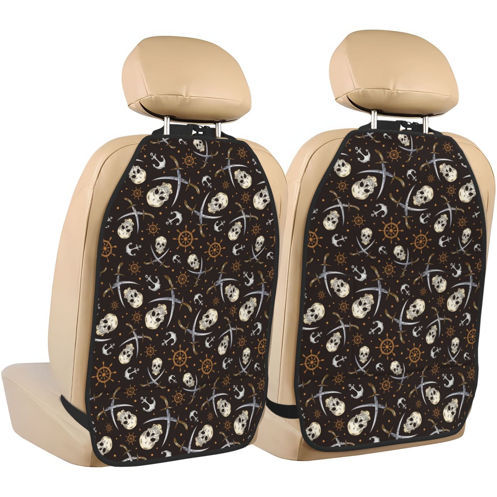 Kdxio Pirate Skulls Print 2 Pack Car Kick Mat Seat Cover Back Protector Mat with Pockets for Organizer Backseat Protector and Storage Anti Kick Pad for Vehicles