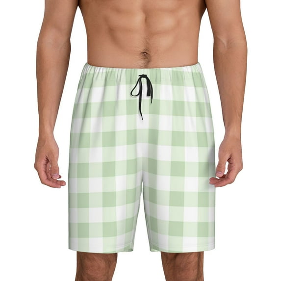 Kdxio Pistachio Green Checkboard Print Mens Sleep Shorts Bottoms Soft Comfy Pajama Wear Pants with Drawstring Pockets