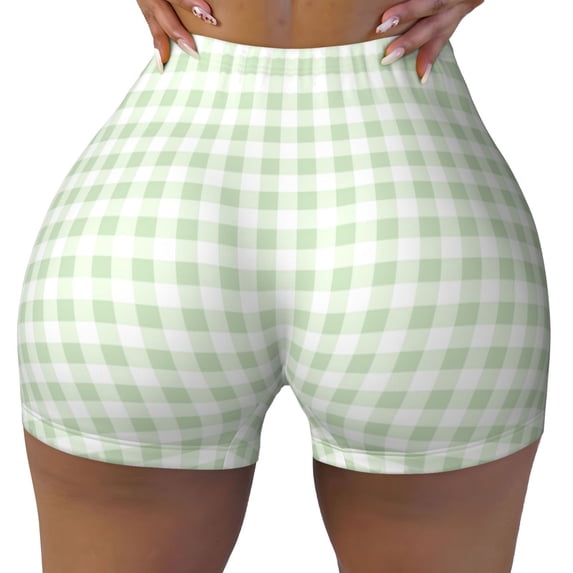 Kdxio Pistachio Green Checkboard Print Workout Shorts for Women Seamless Soft Smooth Gym Yoga Scrunch Active Shorts