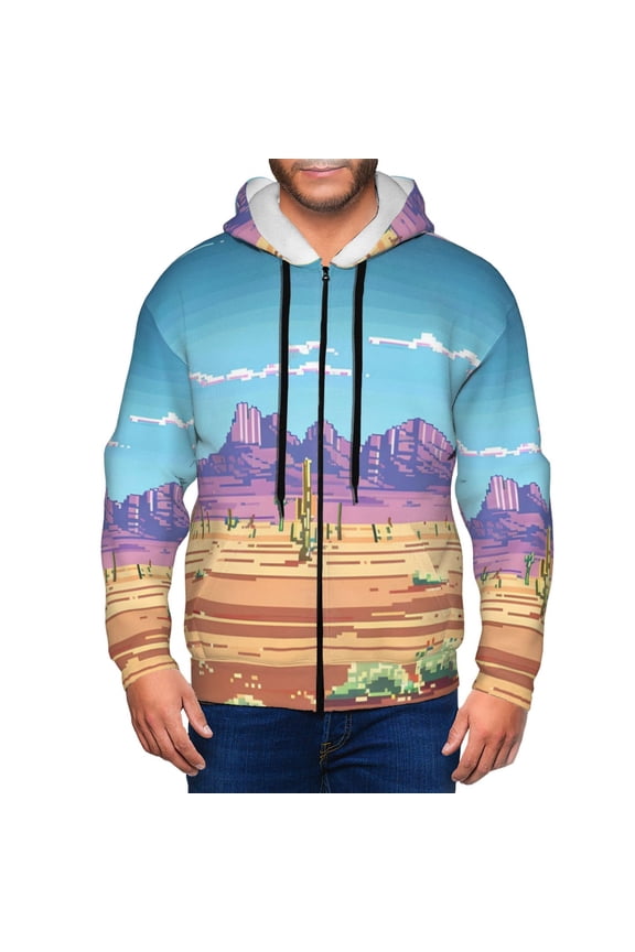 Pixel Desert Landscape Print Men Hoodies Casual Hoodies for Men with Zip Pockets Full Zip Long Sleeve Sweatshirt Sports Hooded Jacket-Medium
