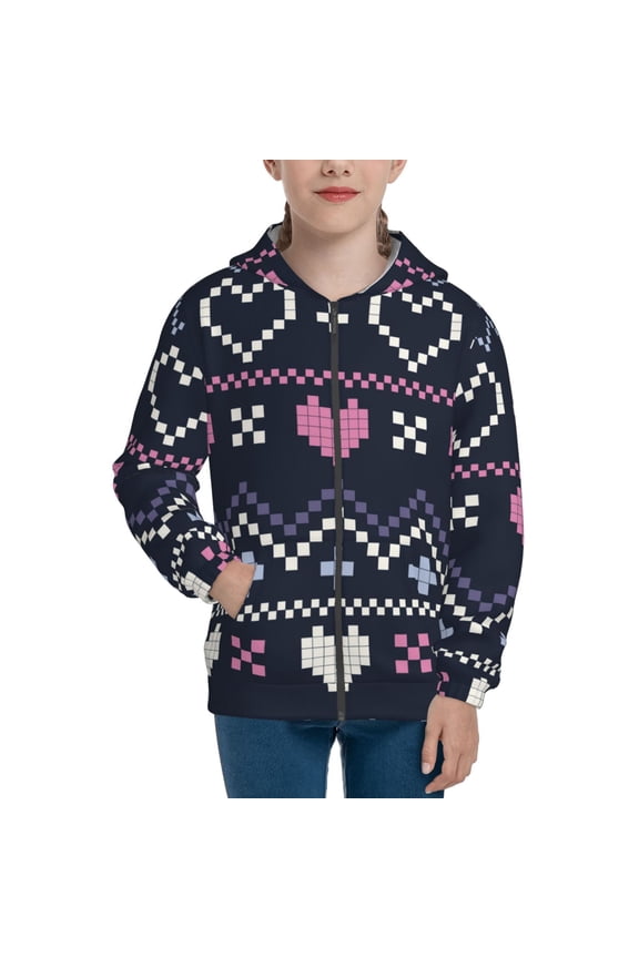 Pixel Heart Winter Pattern Kids Boys Girls Zip Up Hoodie 3D Printed Hooded Sweatshirt Hoody Coat with Pocket 7-12 Y-Medium