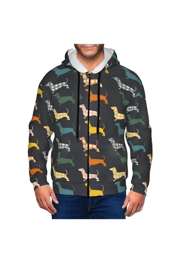 Plaid Dachshund Print Men Hoodies Casual Hoodies for Men with Zip Pockets Full Zip Long Sleeve Sweatshirt Sports Hooded Jacket-Small
