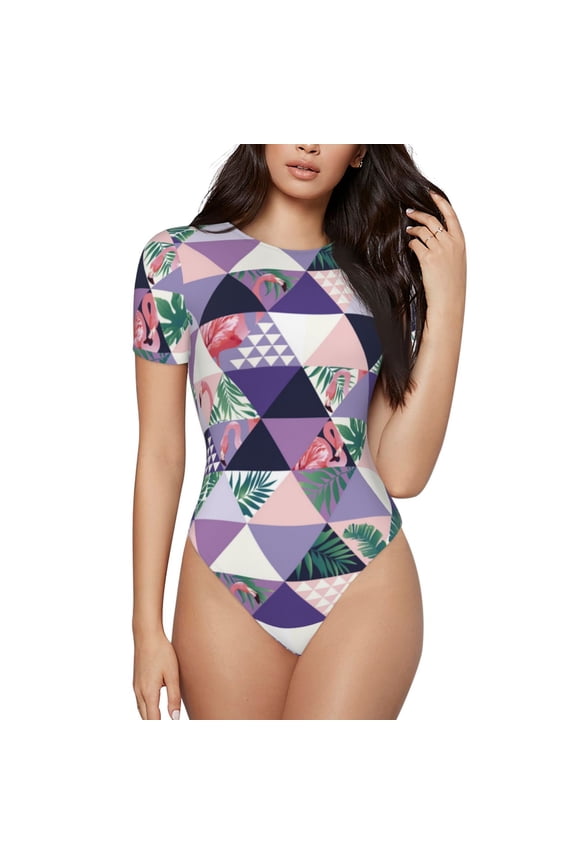 Plaid Flamingo for Women's Short-Sleeved Onesie Stylish Round Neck Pajamas Bodysuit Jumpsuit Nightwear-Small