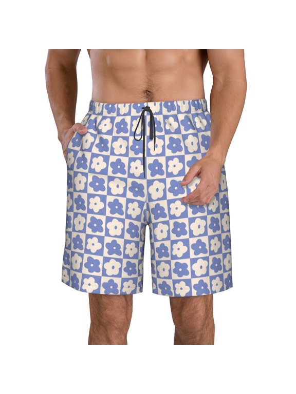 Plaid Flowers Pattern Mens Casual Shorts - Drawstring Summer Beach Sports Shorts for Men