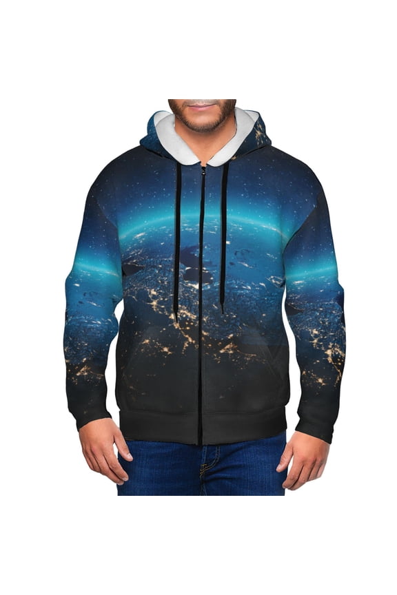 Planet Earth Print Men Hoodies Casual Hoodies for Men with Zip Pockets Full Zip Long Sleeve Sweatshirt Sports Hooded Jacket-Small