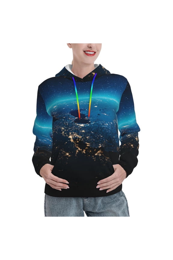 Planet Earth Print Womens Oversized Hoodies Sweatshirts Hooded Pullover Tops Sweaters Casual-X-Large