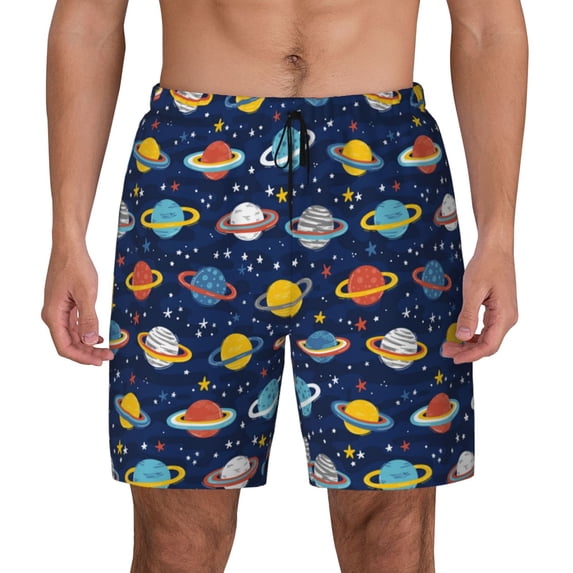 Kdxio Planets And Stars Print Men's Swim Trunks with Compression Liner 7 Inch Inseam Quick Dry Swim Shorts