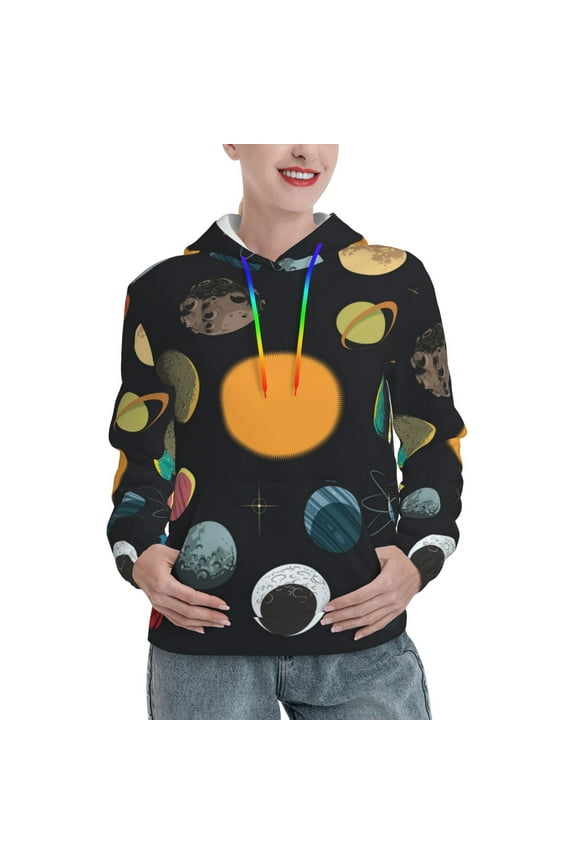 Planets And Their Moons Print Womens Oversized Hoodies Sweatshirts Hooded Pullover Tops Sweaters Casual-Medium