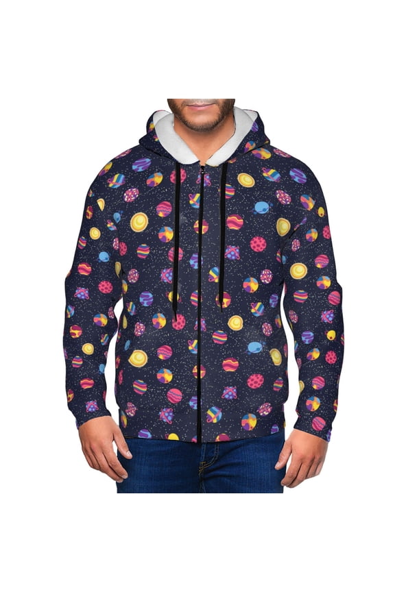 Planets Print Men Hoodies Casual Hoodies for Men with Zip Pockets Full Zip Long Sleeve Sweatshirt Sports Hooded Jacket-Medium