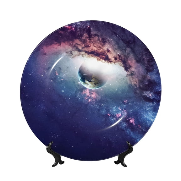 Kdxio Planets Stars And Galaxies Bone China Decorative Plate Ceramic Decorative Plate for Home Office Wall Stand Decorative Plates for Home Bedroom-8in