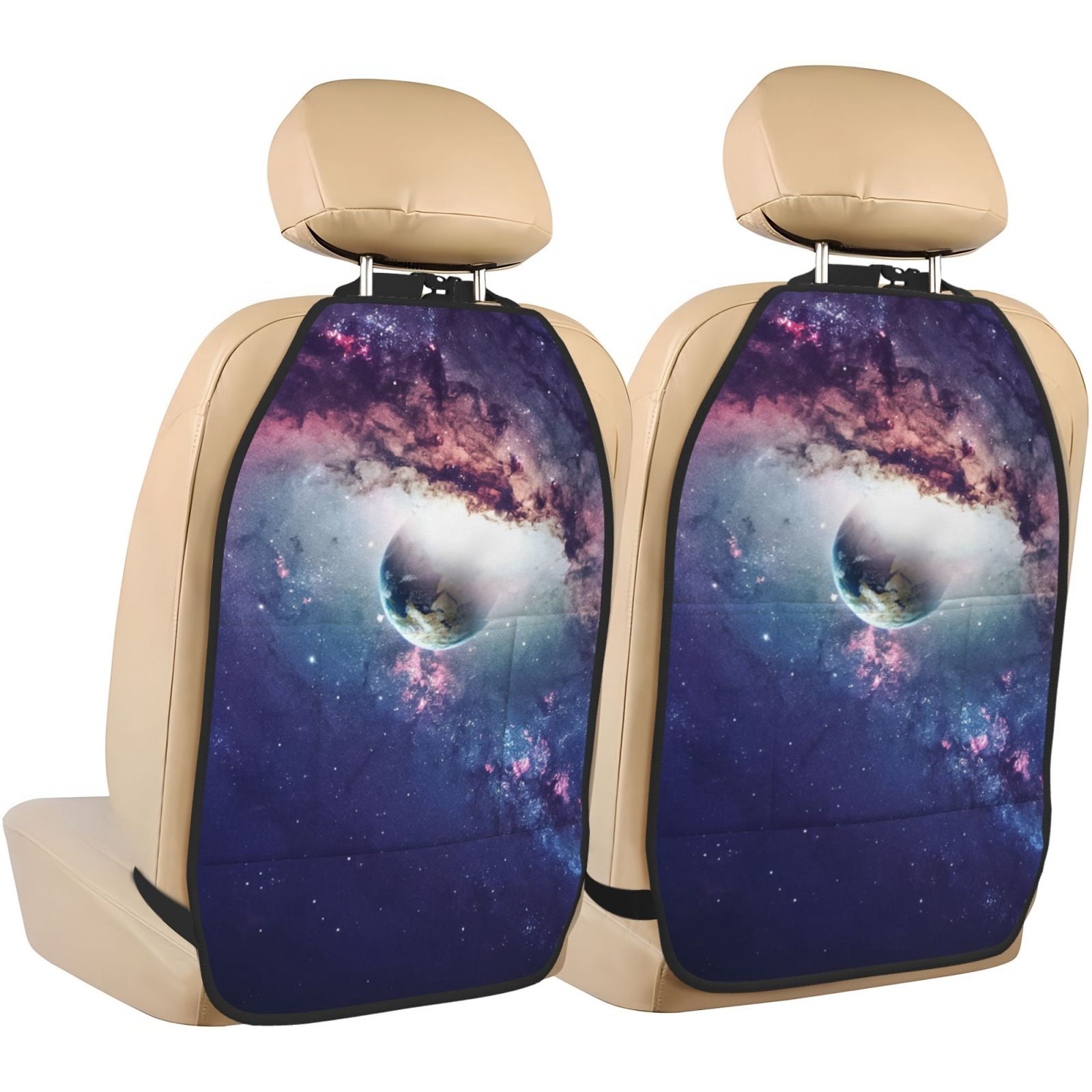 Kdxio Planets Stars And Galaxies Print 2 Pack Car Kick Mat Seat Cover Back Protector Mat with Pockets for Organizer Backseat Protector and Storage Anti Kick Pad for Vehicles