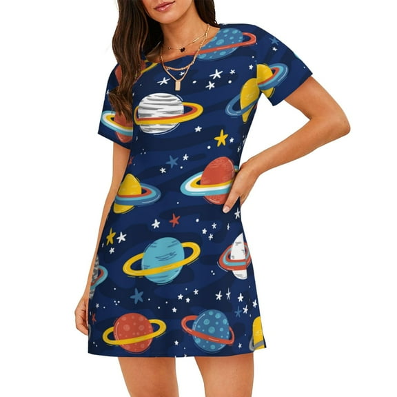 Kdxio Planets and Stars Pattern Womens Short Sleeve Sleepshirt Scoopneck Cute Nightdress Ruffle Comfy Nightgown