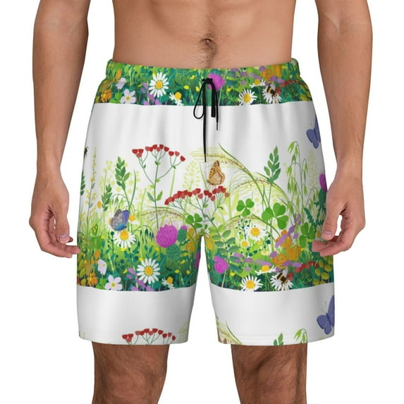 Kdxio Plants And Insects Print Men'S Swim Trunks With Compression Liner 7 Inch Inseam Quick Dry Swim Shorts