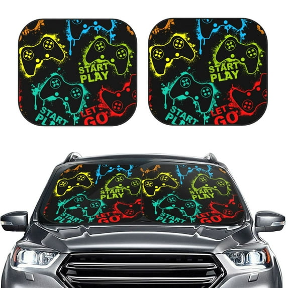 Kdxio Play Game Start Print 2-Piece Sun Shade Front Windshield - Foldable Car Front Window Sunshades For Most Sedans Suv Truck