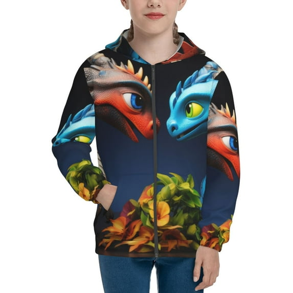Kdxio Playful Colorful Dragons Flowers Pattern Kids Boys Girls Zip Up Hoodie 3D Printed Hooded Sweatshirt Hoody Coat with Pocket 7-12 Y-Small