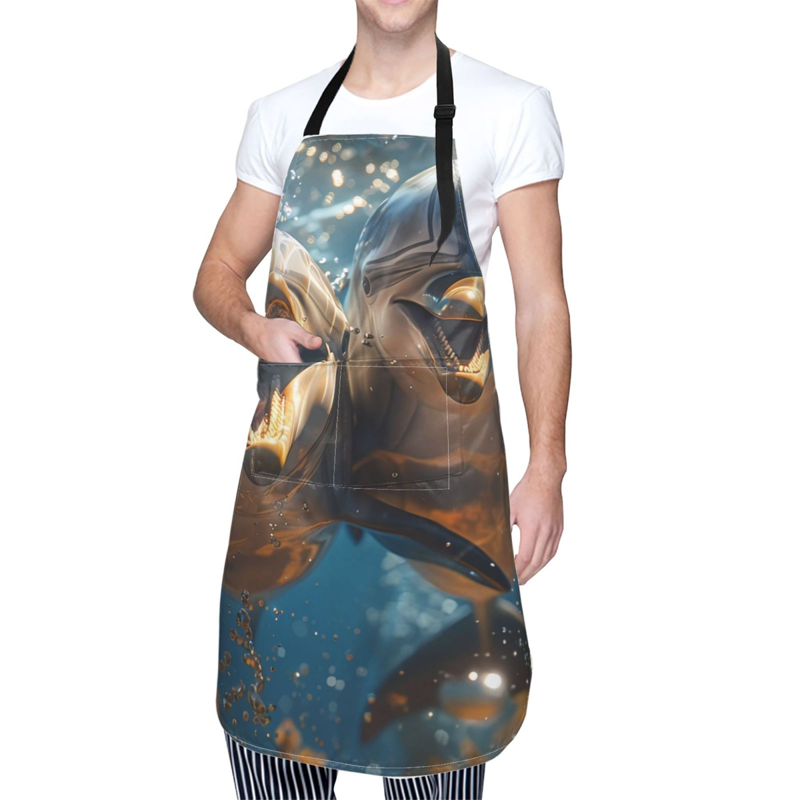 Kdxio Playful Dolphins Underwater Apron with Pockets Adjustable Kitchen Aprons for Men Women Waterproof Aprons for Cooking,Drawing,Crafting, Baking Household Cleaning