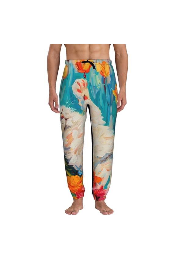 Playful Floral Cat Pattern Joggers,Sweatpants for Men with Pockets-Large