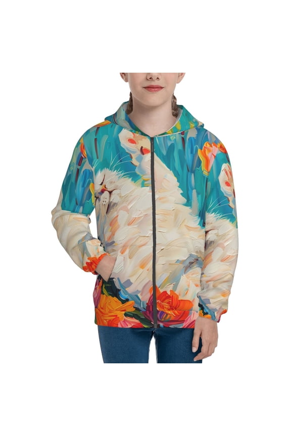 Playful Floral Cat Pattern Kids Boys Girls Zip Up Hoodie 3D Printed Hooded Sweatshirt Hoody Coat with Pocket 7-12 Y-Medium