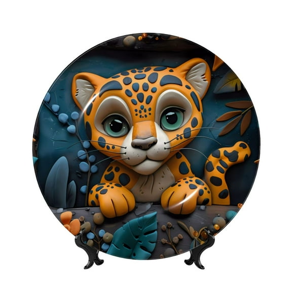 Kdxio Playful Leopard Art Bone China Decorative Plate Ceramic Decorative Plate for Home Office Wall Stand Decorative Plates for Home Bedroom-8in
