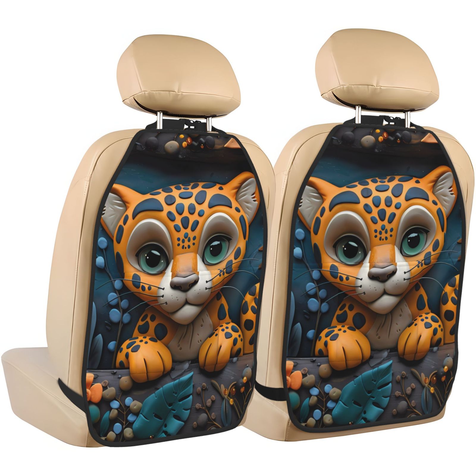 Kdxio Playful Leopard Art Print 2 Pack Car Kick Mat Seat Cover Back Protector Mat with Pockets for Organizer Backseat Protector and Storage Anti Kick Pad for Vehicles