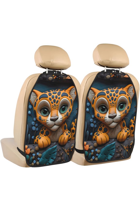 Playful Leopard Art Print 2 Pack Car Kick Mat Seat Cover Back Protector Mat with Pockets for Organizer Backseat Protector and Storage Anti Kick Pad for Vehicles