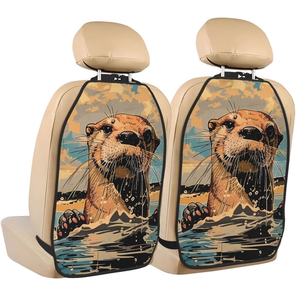 Kdxio Playful Otter Tropical Beach Print 2 Pack Car Kick Mat Seat Cover Back Protector Mat with Pockets for Organizer Backseat Protector and Storage Anti Kick Pad for Vehicles