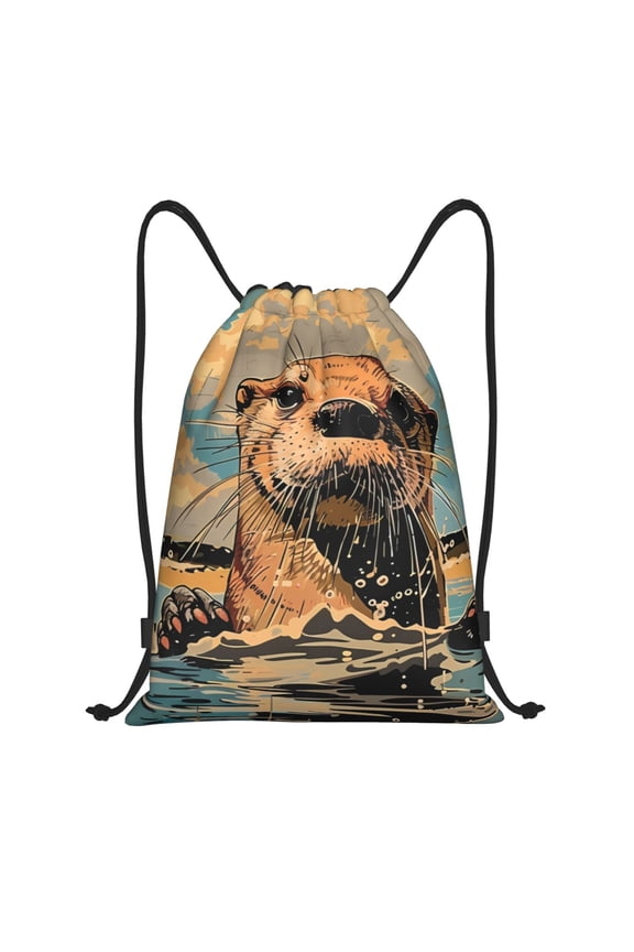 Playful Otter Tropical Beach Print Drawstring Backpack Bag,Waterproof Draw String Back Sack, Gym Drawstring Bags Swim Bag For Unisex