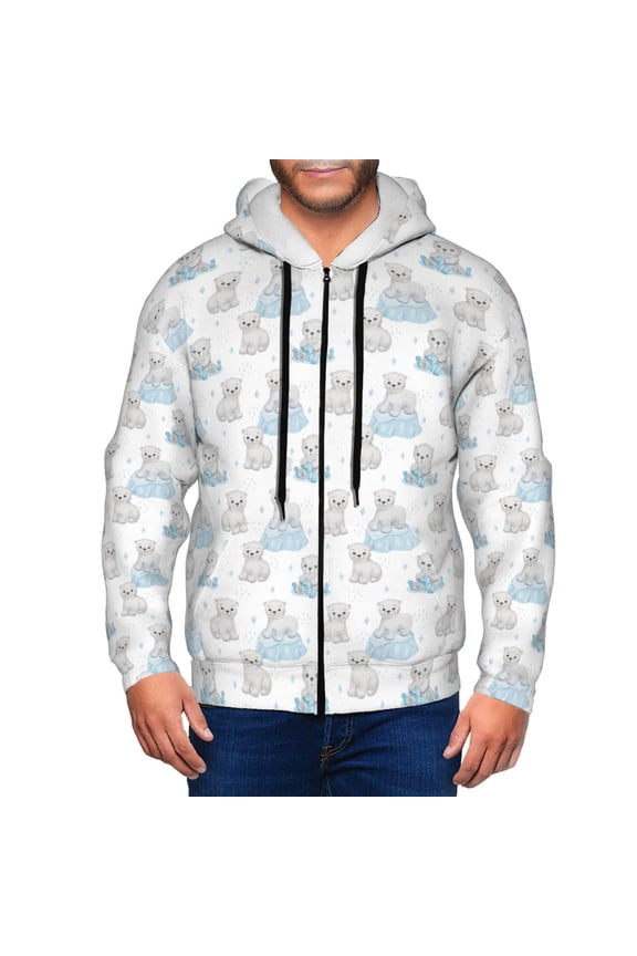Playful Polar Bear Pals Print Men Hoodies Casual Hoodies for Men with Zip Pockets Full Zip Long Sleeve Sweatshirt Sports Hooded Jacket-Small