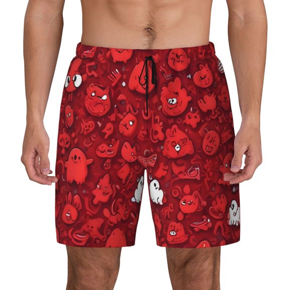 Kdxio Playful Red Cartoon Faces Print Men's Swim Trunks with Compression Liner 7 Inch Inseam Quick Dry Swim Shorts