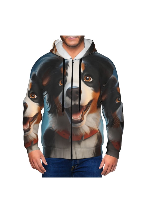 Playful Smile Cute Dog Print Men Hoodies Casual Hoodies for Men with Zip Pockets Full Zip Long Sleeve Sweatshirt Sports Hooded Jacket-Medium