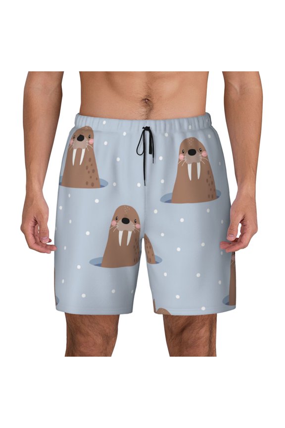 Playful Walrus Wonders Print Men's Swim Trunks with Compression Liner 7 Inch Inseam Quick Dry Swim Shorts