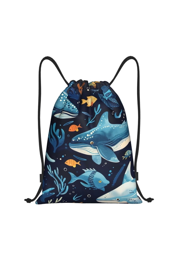 Playful Whales Underwater Scene Print Drawstring Backpack Bag,Waterproof Draw String Back Sack, Gym Drawstring Bags Swim Bag For Unisex