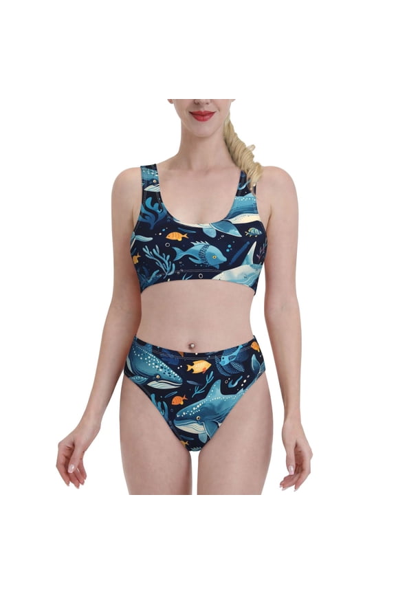 Playful Whales Underwater Scene for Womens High Waisted Bikini Top Sports Style Two Piece Bathing Suits